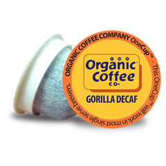 The Organic Coffee Co. Gorilla Decaf compostable pod packaging highlights eco-friendly design.