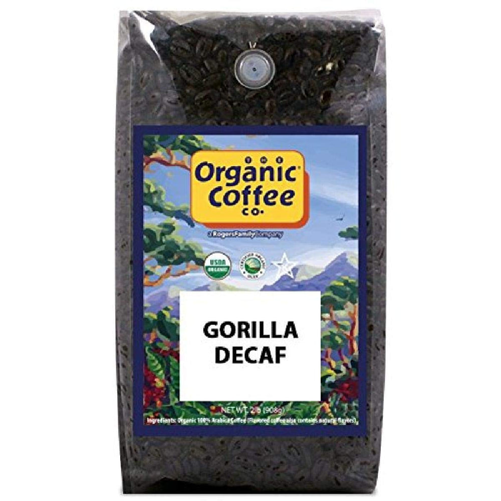 The Organic Coffee Co Gorilla Decaf whole bean 32oz, versatile for all brewers.