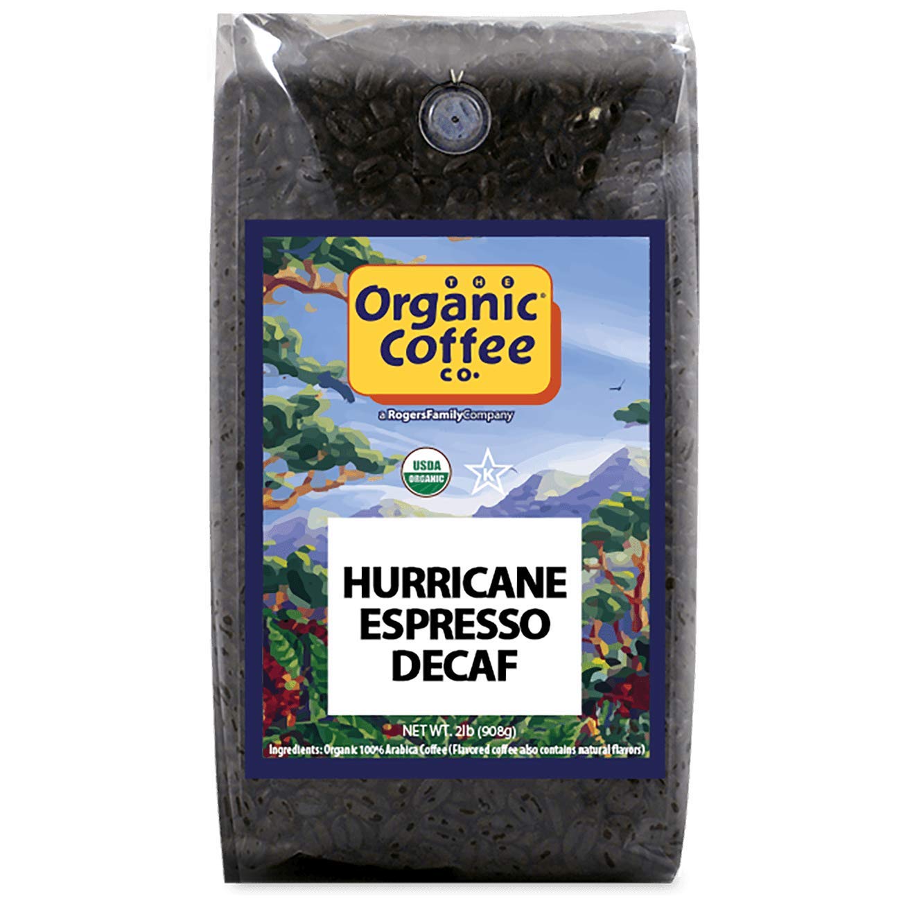 The Organic Coffee Co. Hurricane Espresso Decaf whole beans — shiny beans for a smooth decaf cup.
