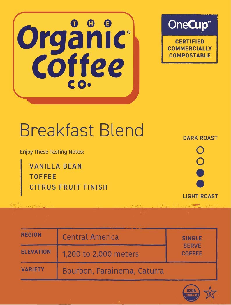 The Organic Coffee Co. K-Cup compatible pods fit most single-serve brewers.
