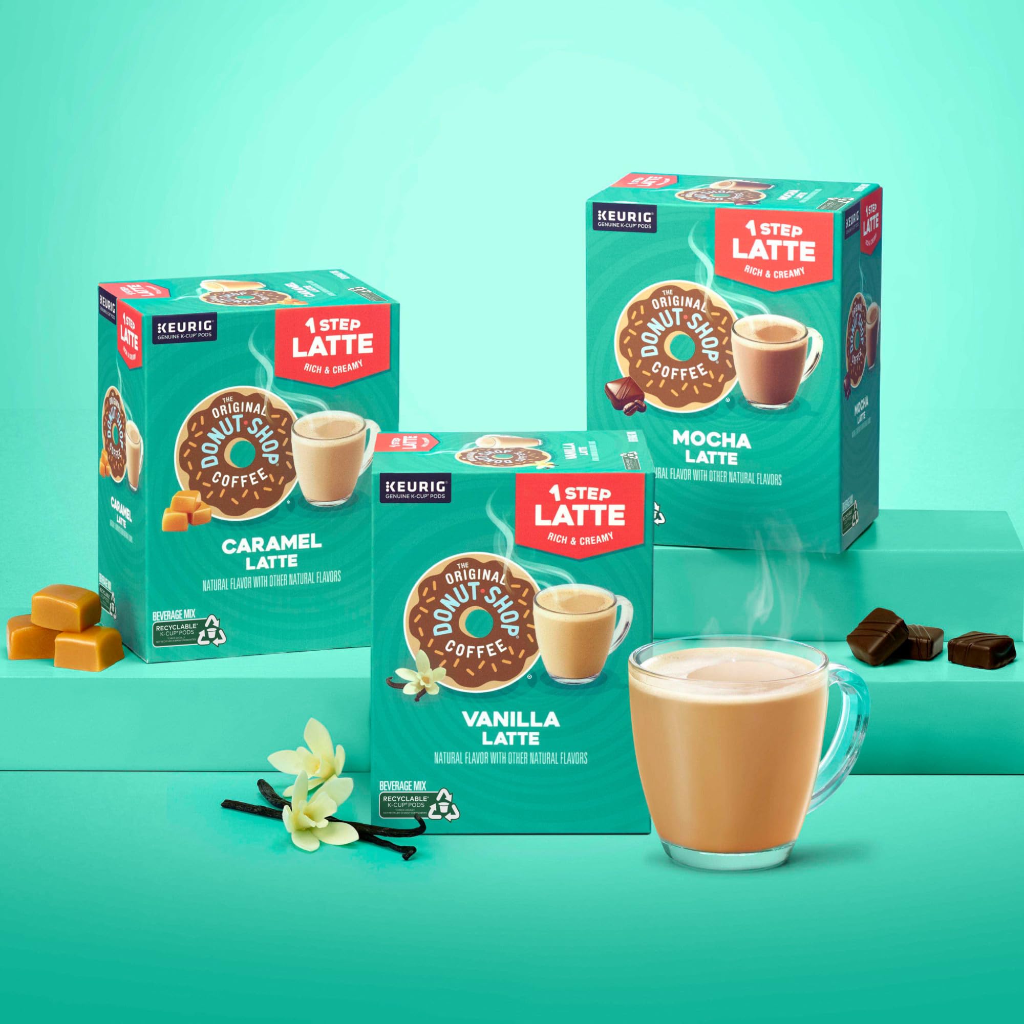 The Original Donut Shop Caramel One-Step Latte with creamy foam enhances mornings.