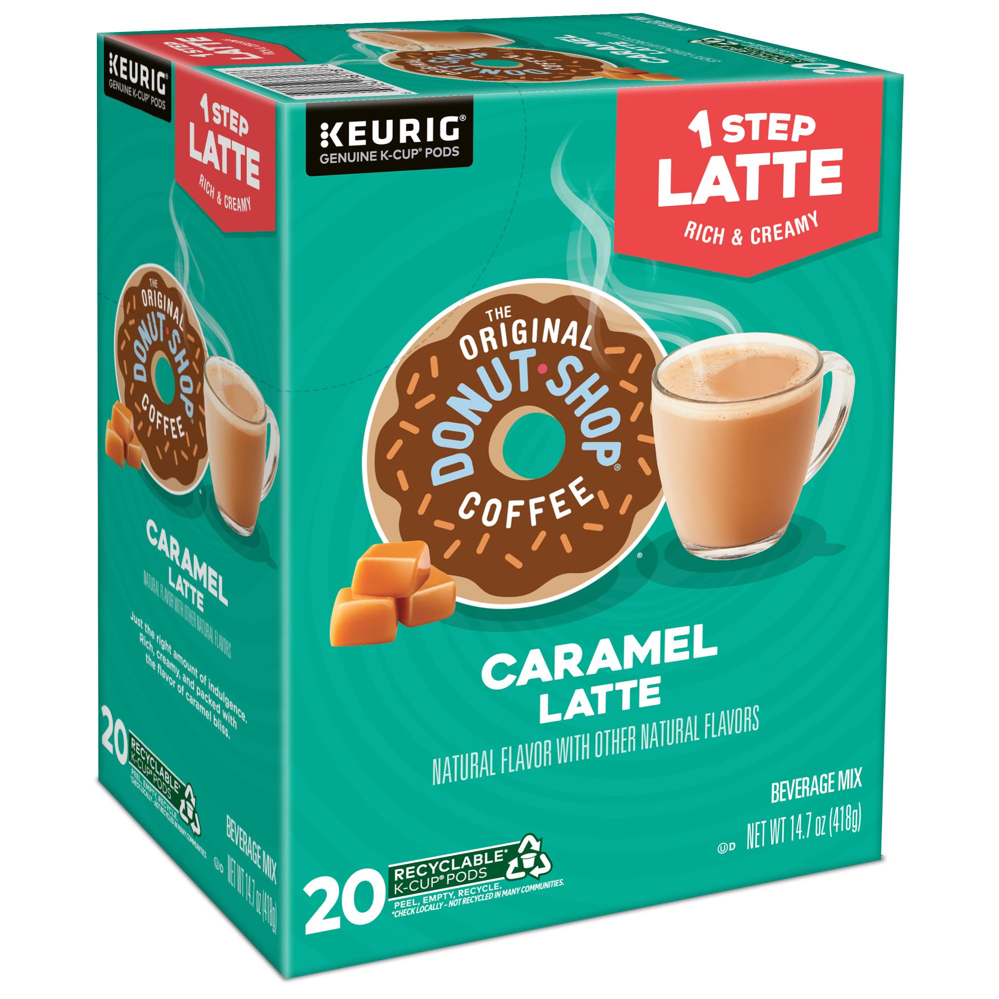 The Original Donut Shop Caramel One-Step Latte sits on a kitchen counter ready.