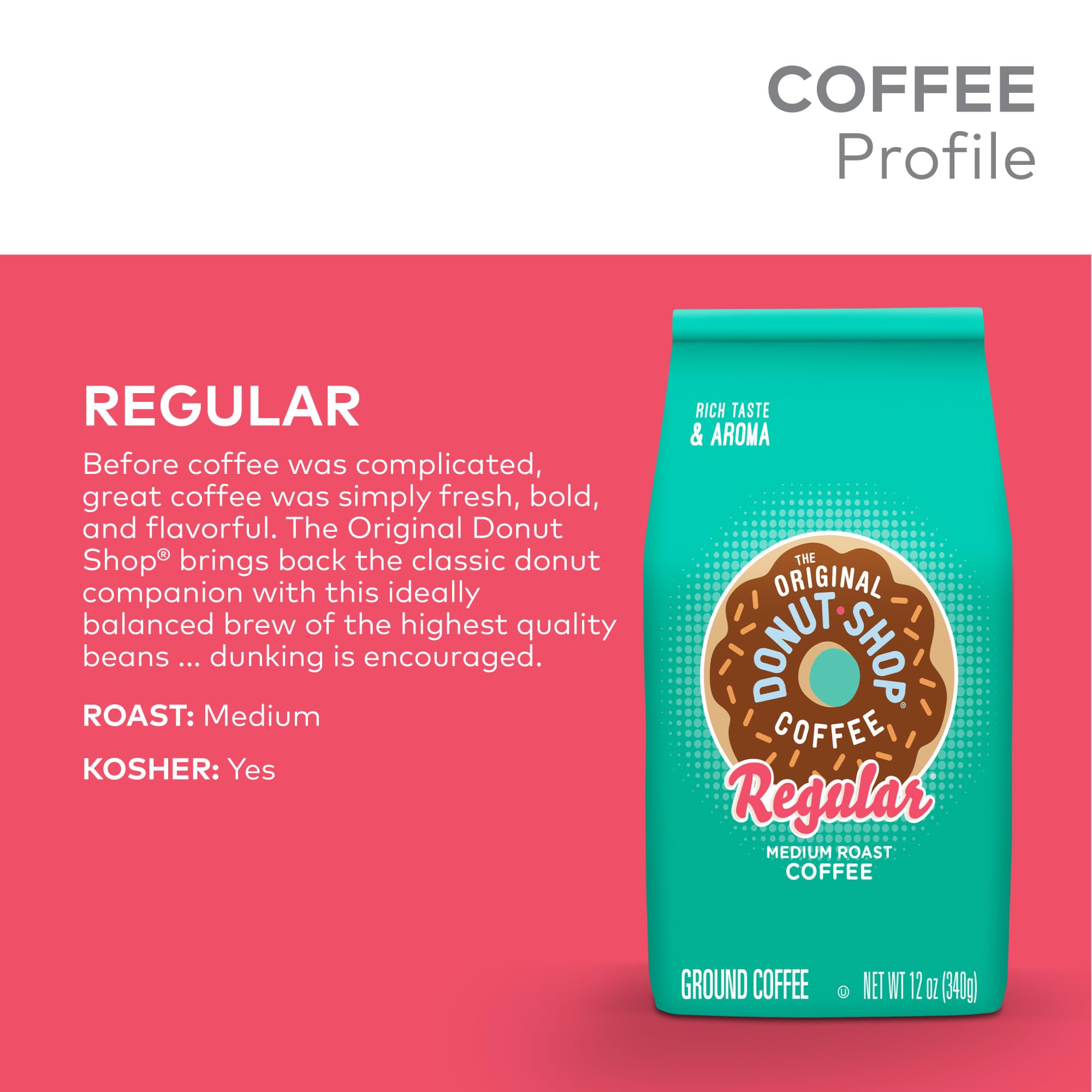 The Original Donut Shop Regular ground pouring emphasizes easy drip brewing.
