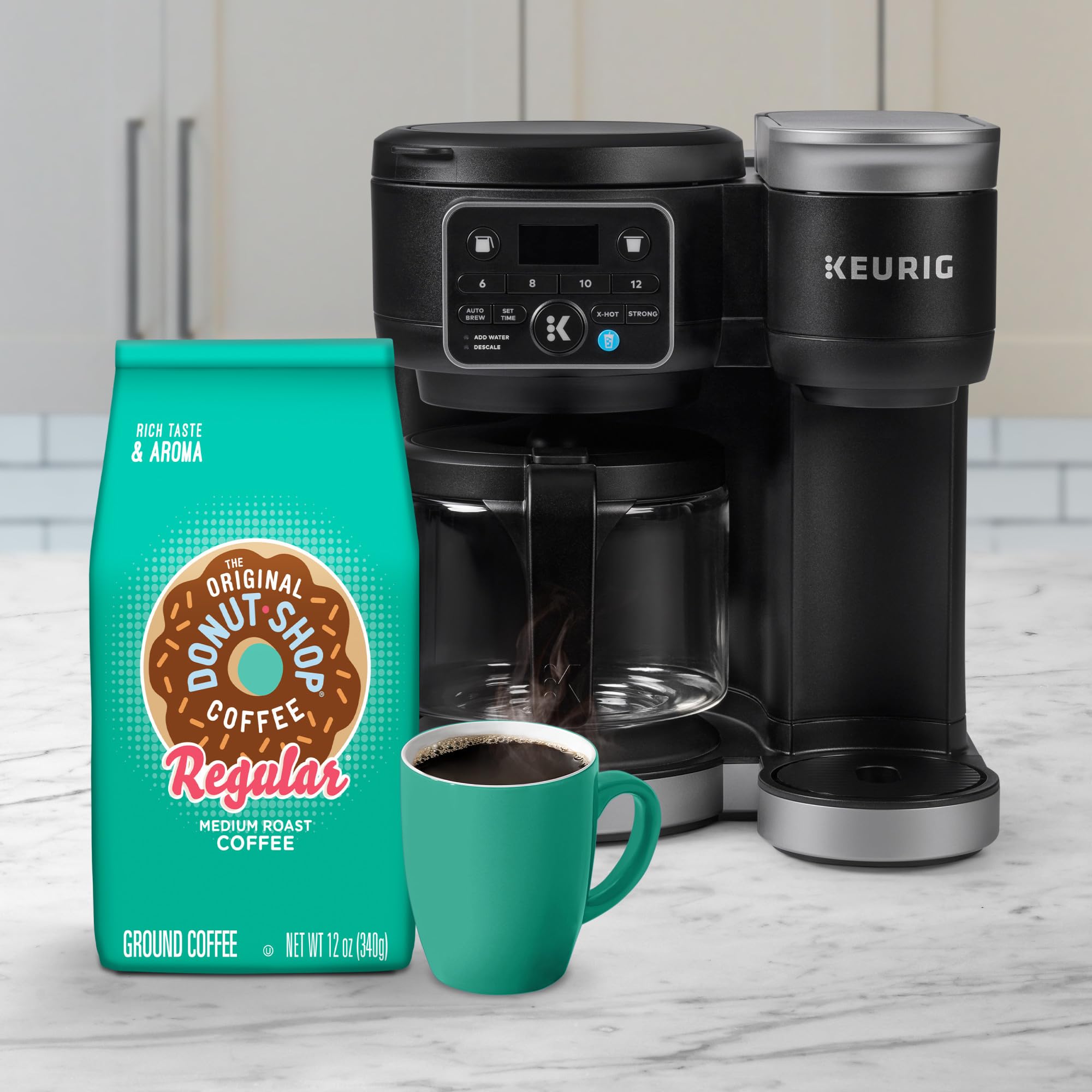 The Original Donut Shop Regular steaming cup invites aroma at home.