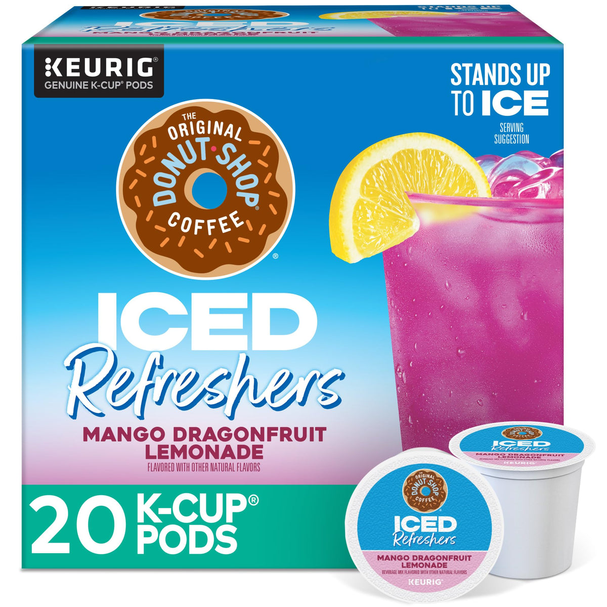 The Original Donut Shop Mango Dragonfruit Lemonade iced refreshers pod close-up for a quick, chilled caffeine lift.