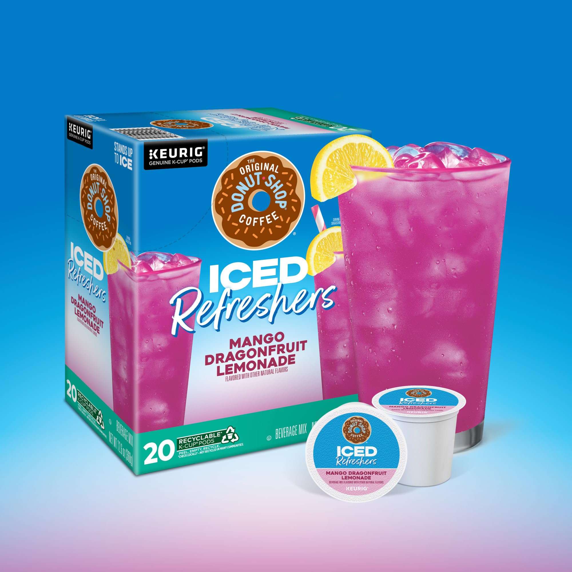 The Original Donut Shop label close-up on mango dragonfruit lemonade hints at tropical flavor.