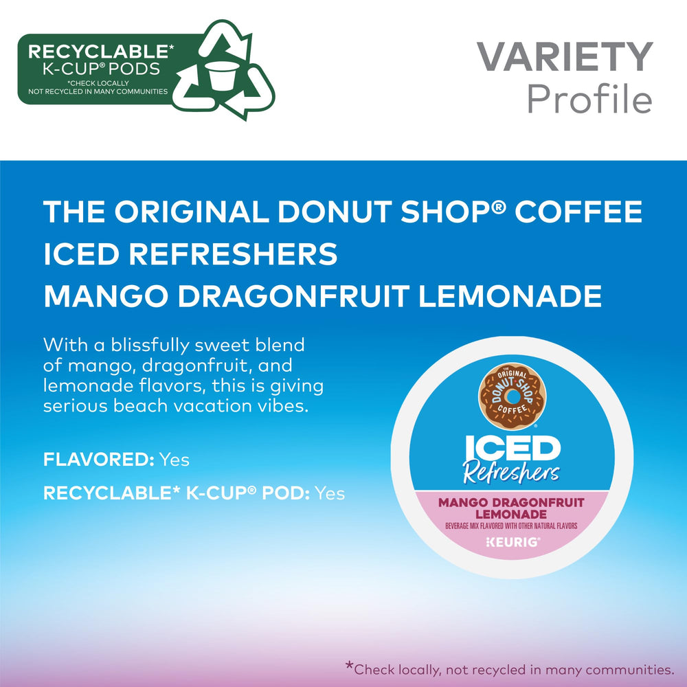 The Original Donut Shop mango-dragonfruit-lemonade pod close-up on packaging.