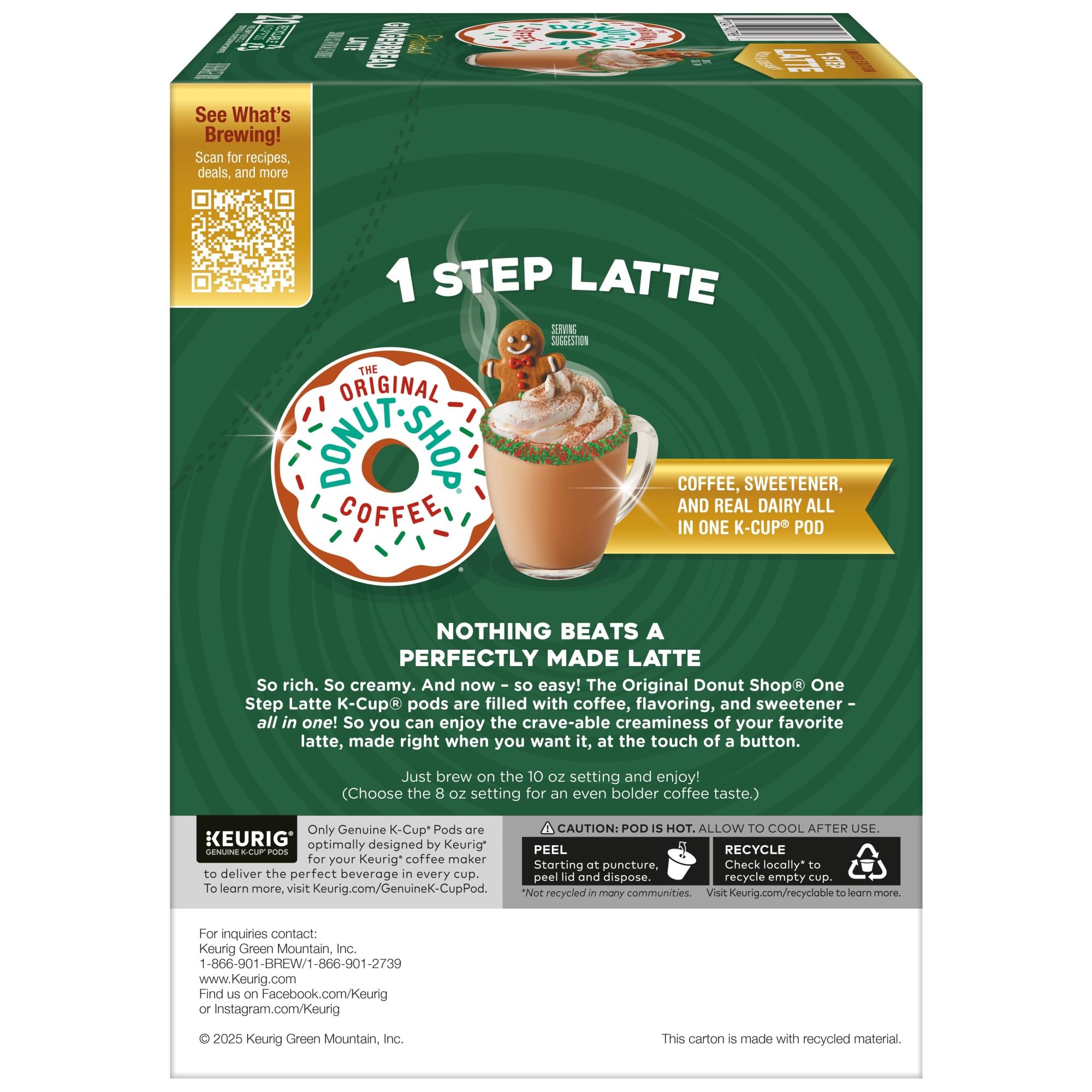 The Original Donut Shop One Step Latte packaging and reusability guidance for pods