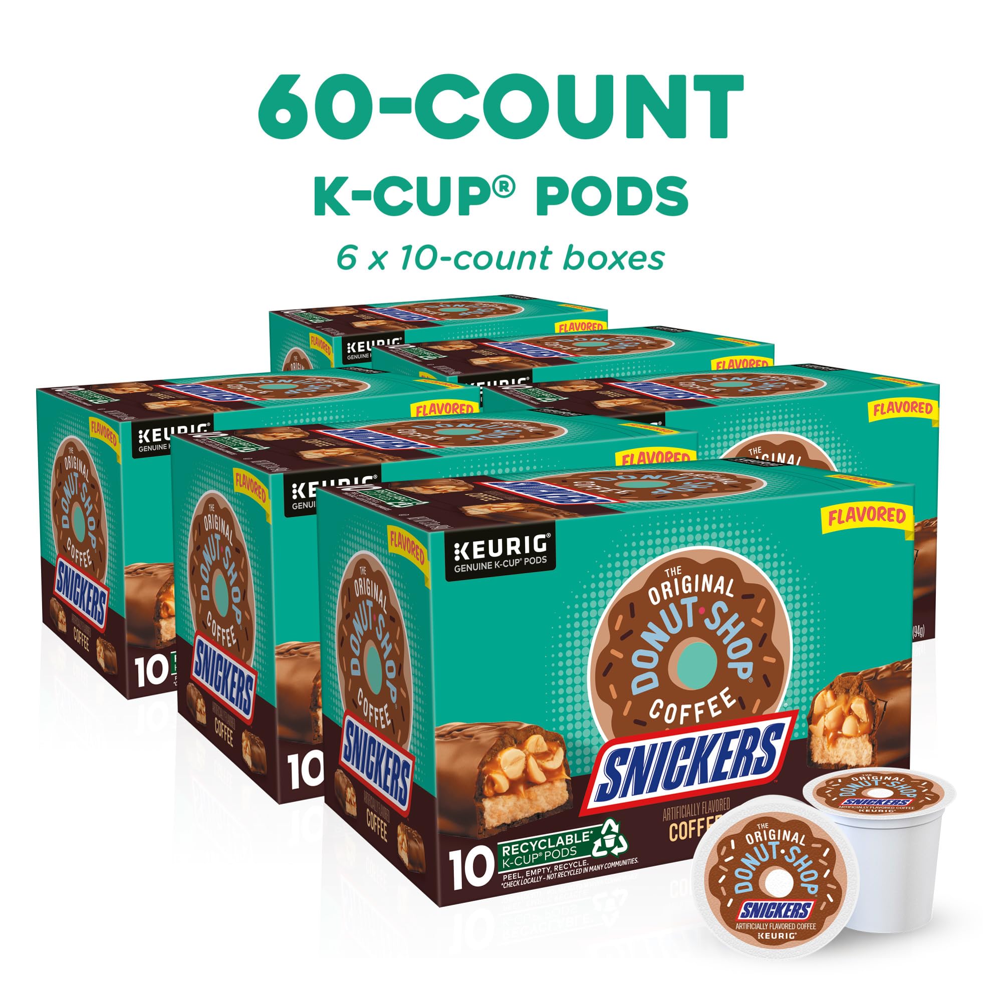 The Original Donut Shop Snickers coffee pods front view for pantry storage.