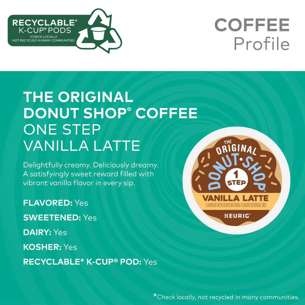 The Original Donut Shop Vanilla Latte K-Cups beside a mug for creamy single-serve enjoyment