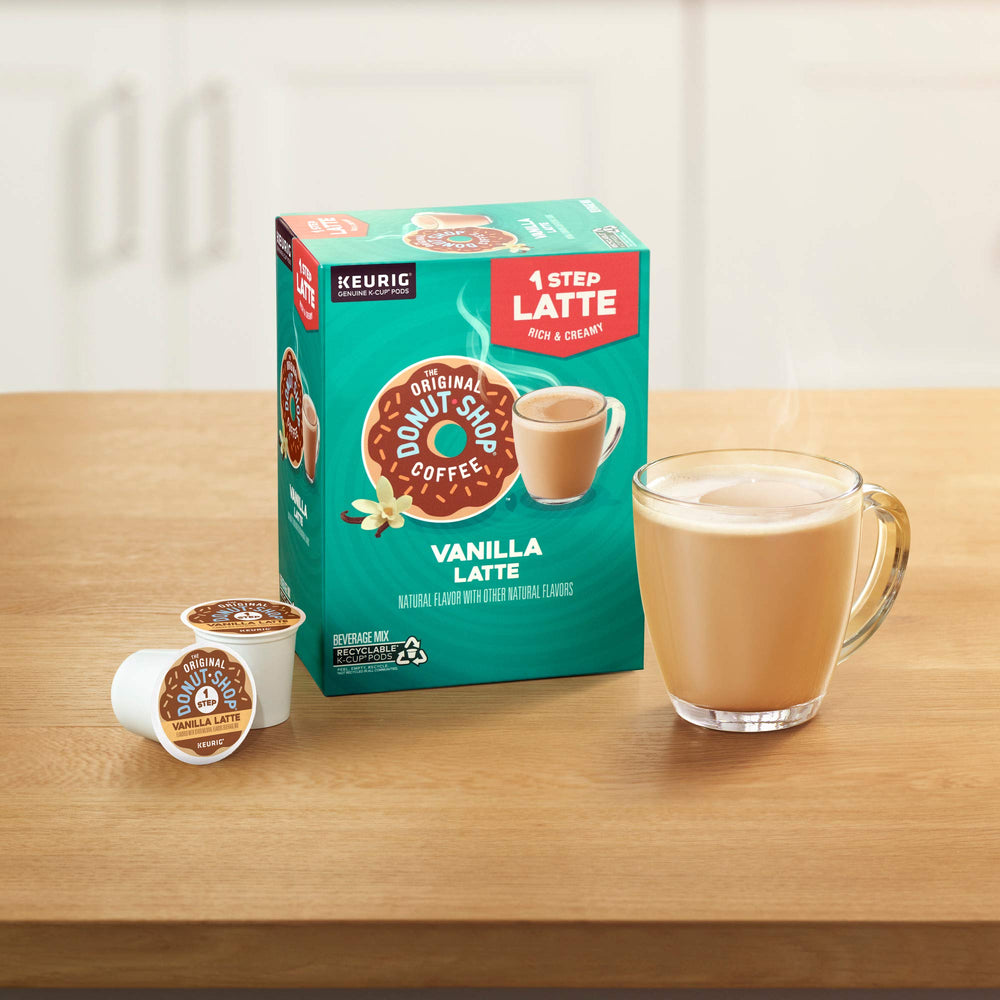 Stacked The Original Donut Shop Vanilla Latte pods on a kitchen counter