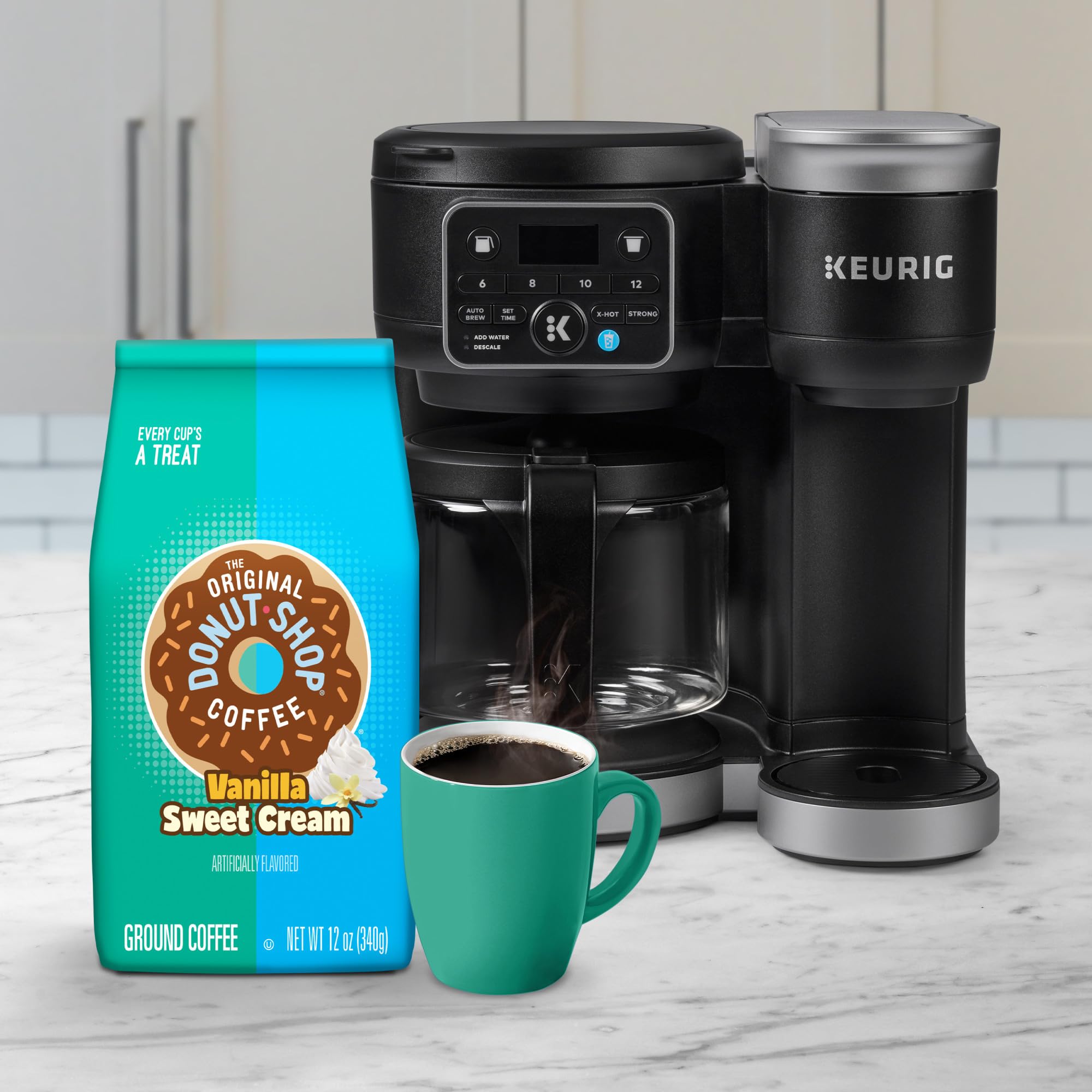 The Original Donut Shop ground coffee image highlights convenient brewing.