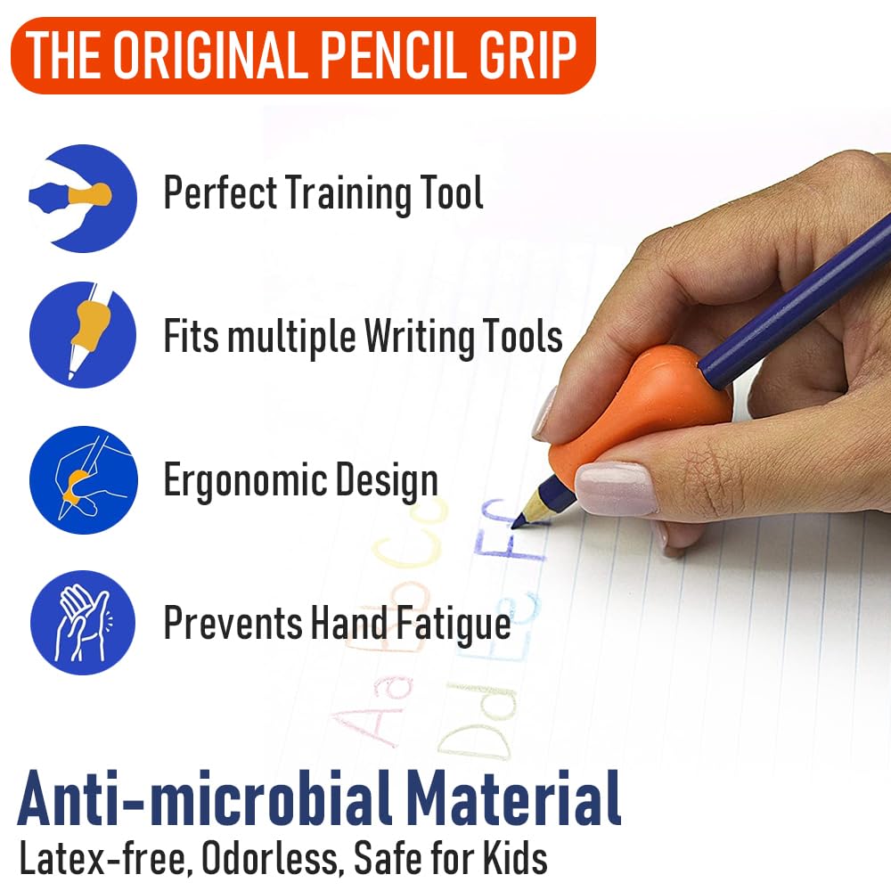 The Pencil Grip with primary pencils and markers on desk.