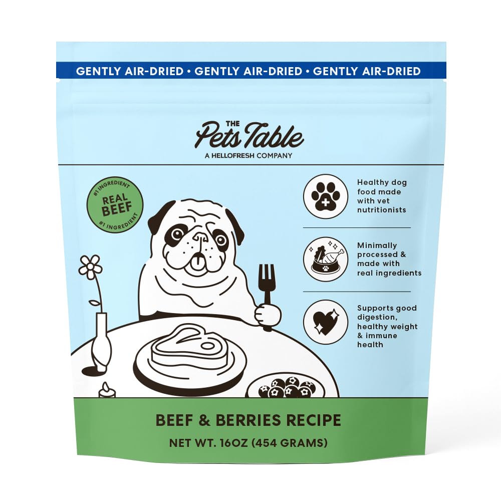 The Pets Table Beef and Berries air dried dog food bag shows premium protein