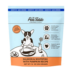 The Pets Table salmon and whitefish pumpkin bag, grain-free ingredients on display.
