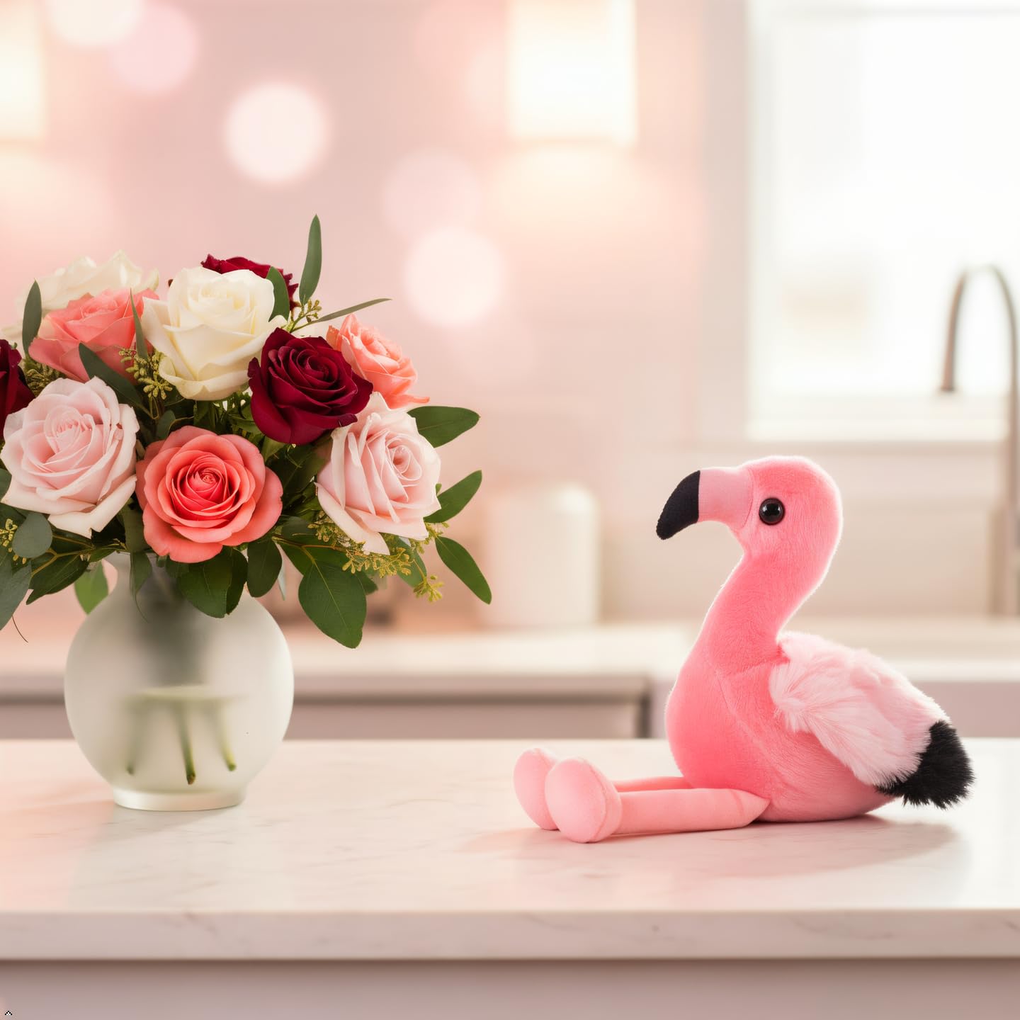 The Petting Zoo flamingo plush long legs for dynamic poses.