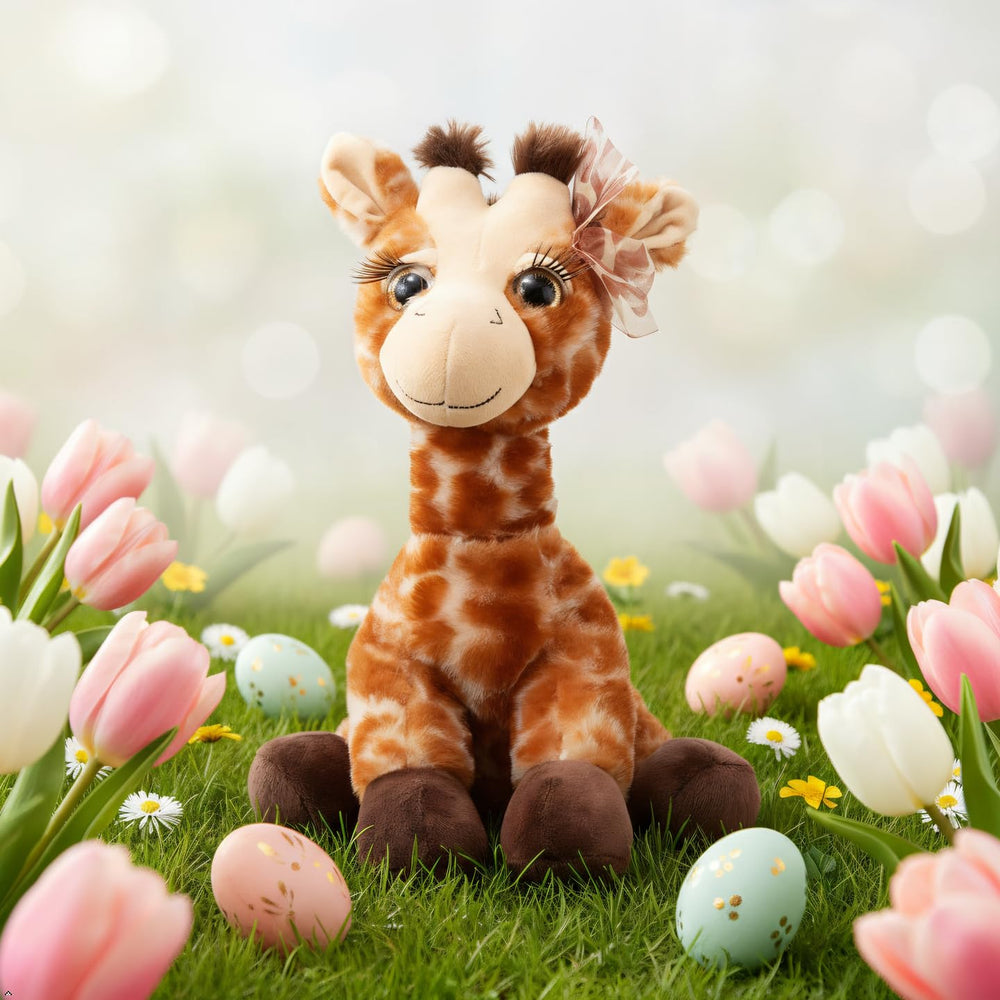 The Petting Zoo Lash'z giraffe 12-inch size for portable cuddles.