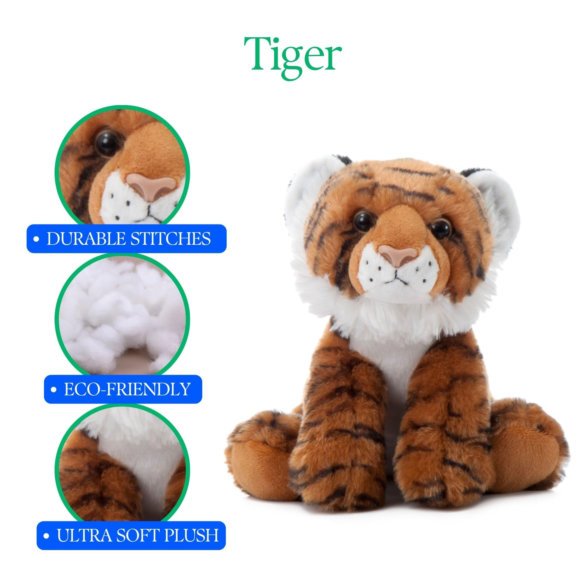 The Petting Zoo tiger plush features soft fabric for friendly snuggles.