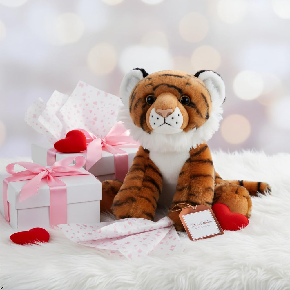 The Petting Zoo tiger stuffed toy shows durable stitching for years of adventures.