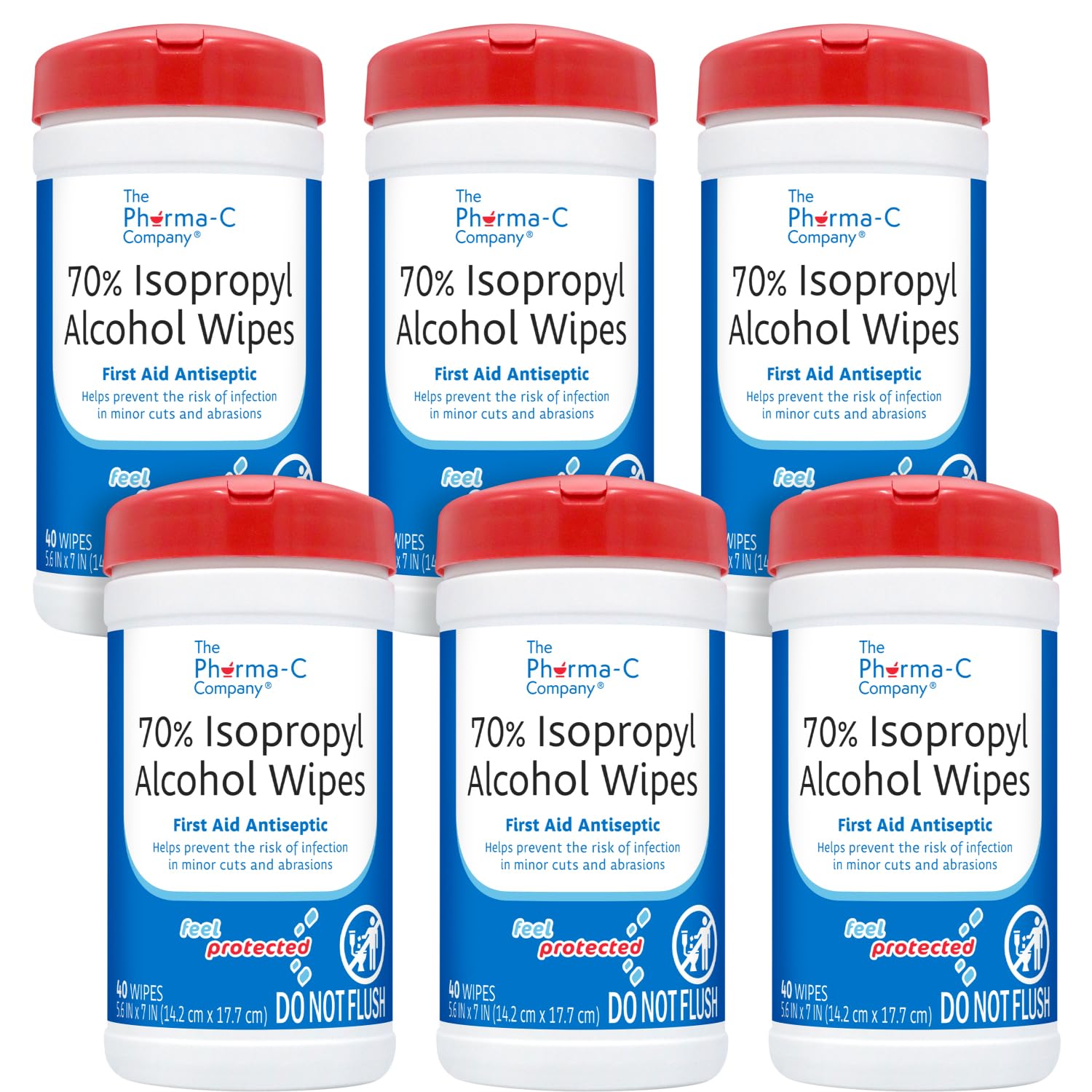 The Pharma-C Company 70% IPA wipes canister front view for quick on-the-go cleaning.