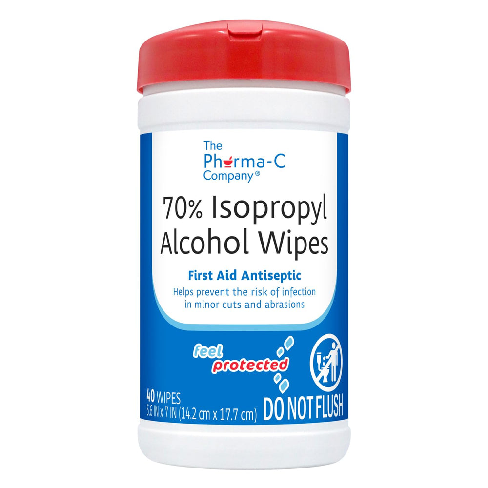 The Pharma-C Company 70% IPA wipes label close-up showing 70% solution.