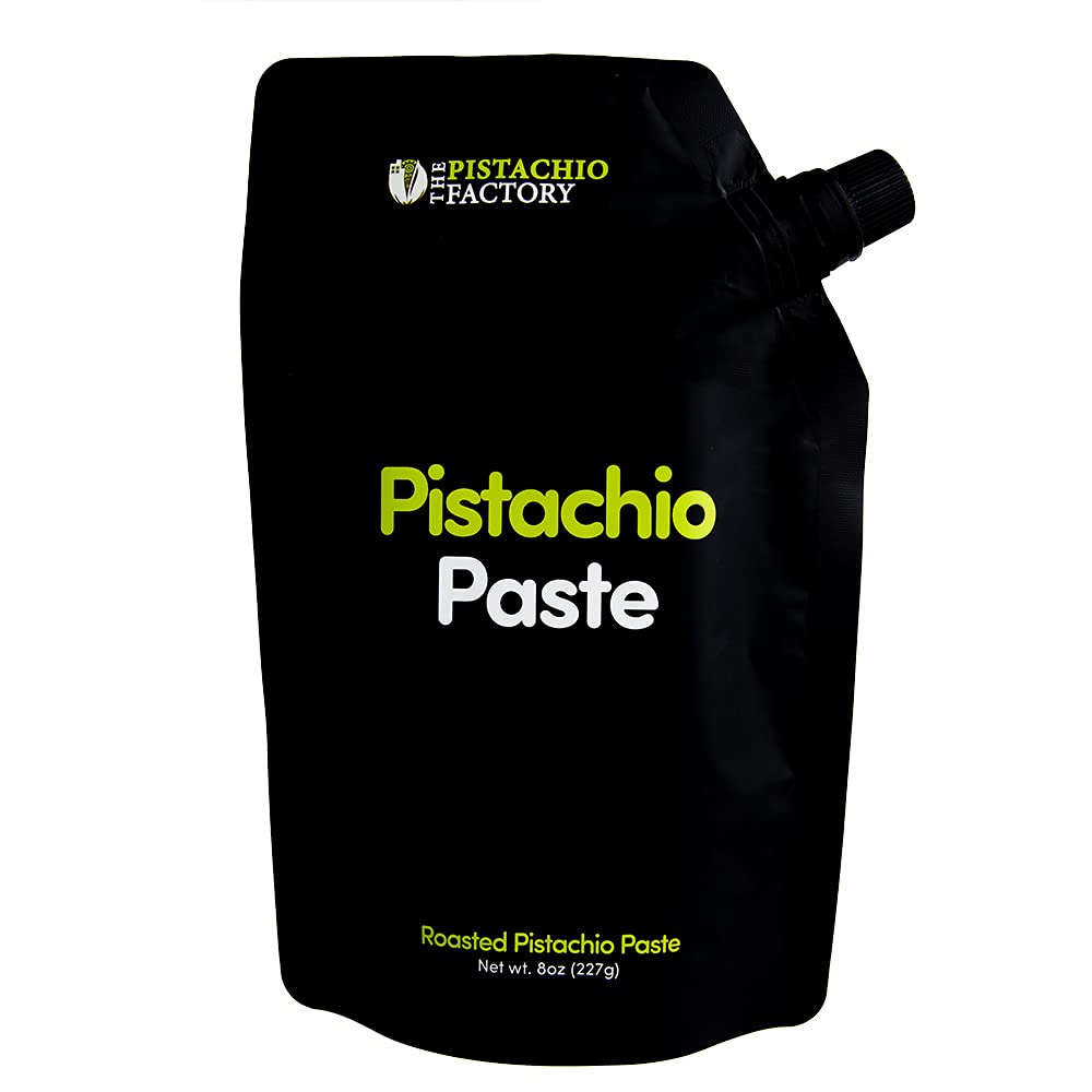The Pistachio Factory 100% Pure Pistachio Paste bottle shows a silky texture ideal for pistachio gelato