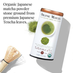 The Republic of Tea bamboo whisk with matcha in bowl for smooth traditional preparation.