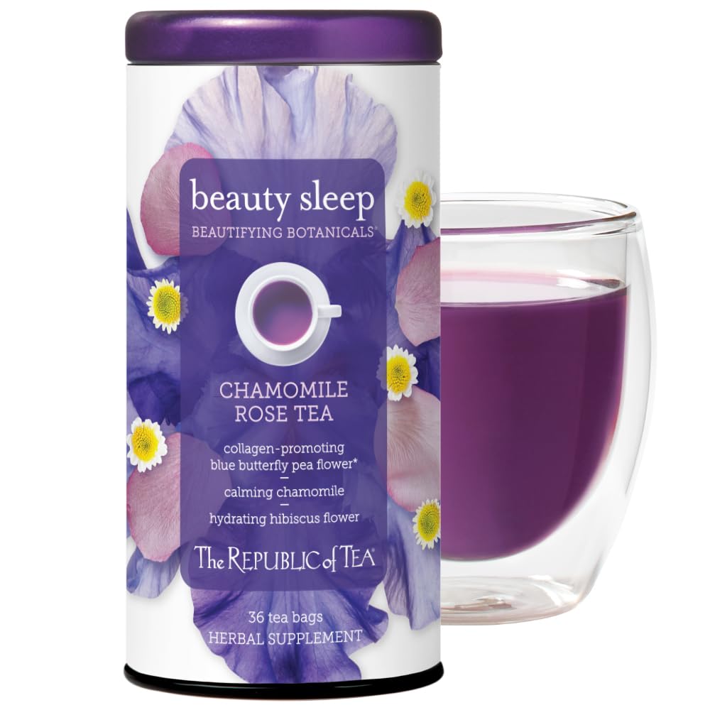 The Republic of Tea Beautifying Botanicals Beauty Sleep Chamomile Rose tea bag steeping for nightly hydration.