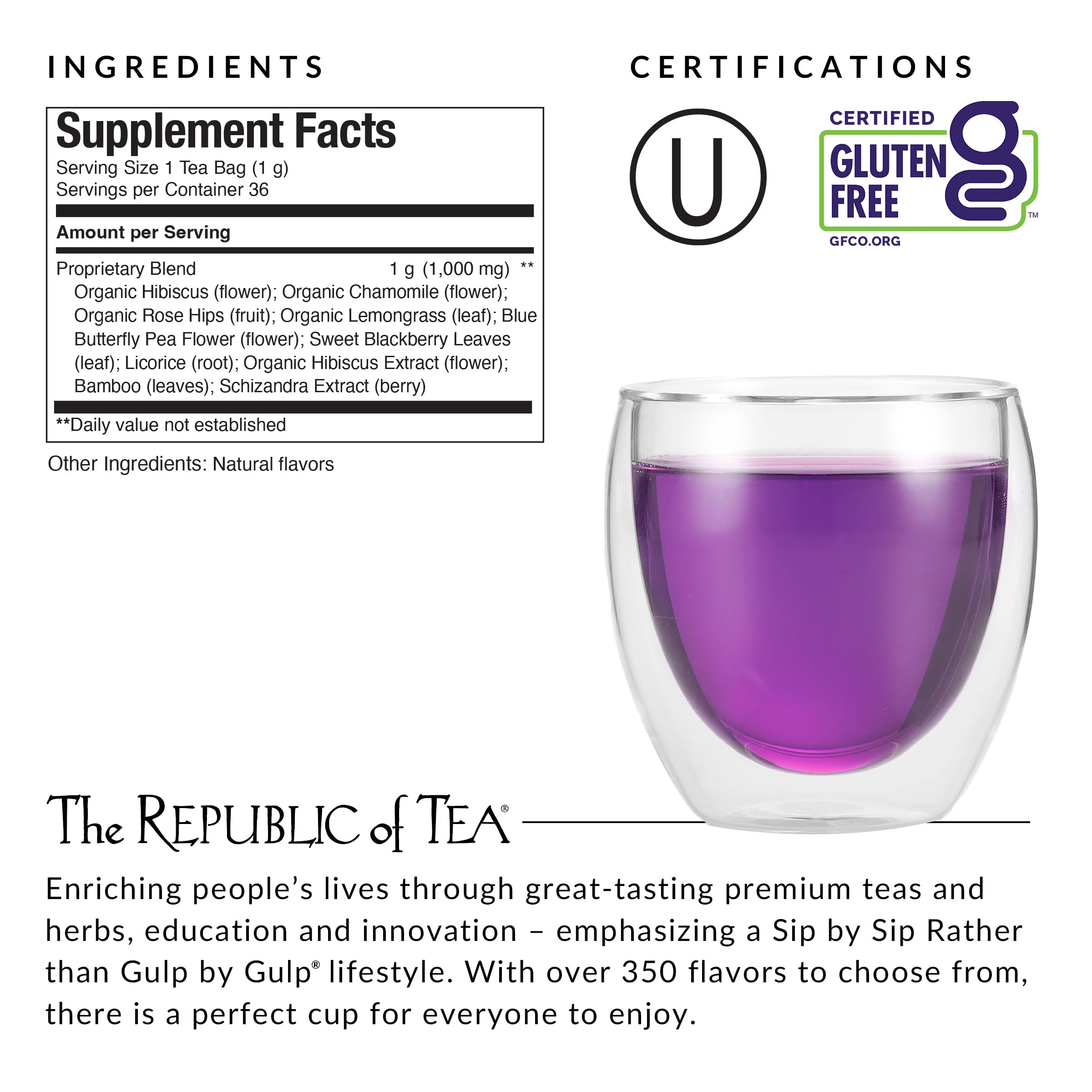 A cup of Beautifying Botanicals tea steeping with chamomile and rose aromas for winding down.