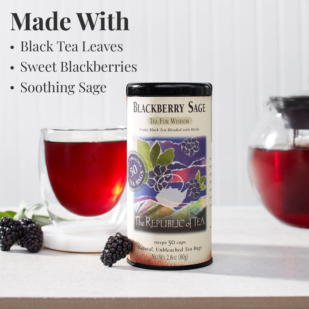 Box of 50 Blackberry Sage tea bags for easy daily brewing.