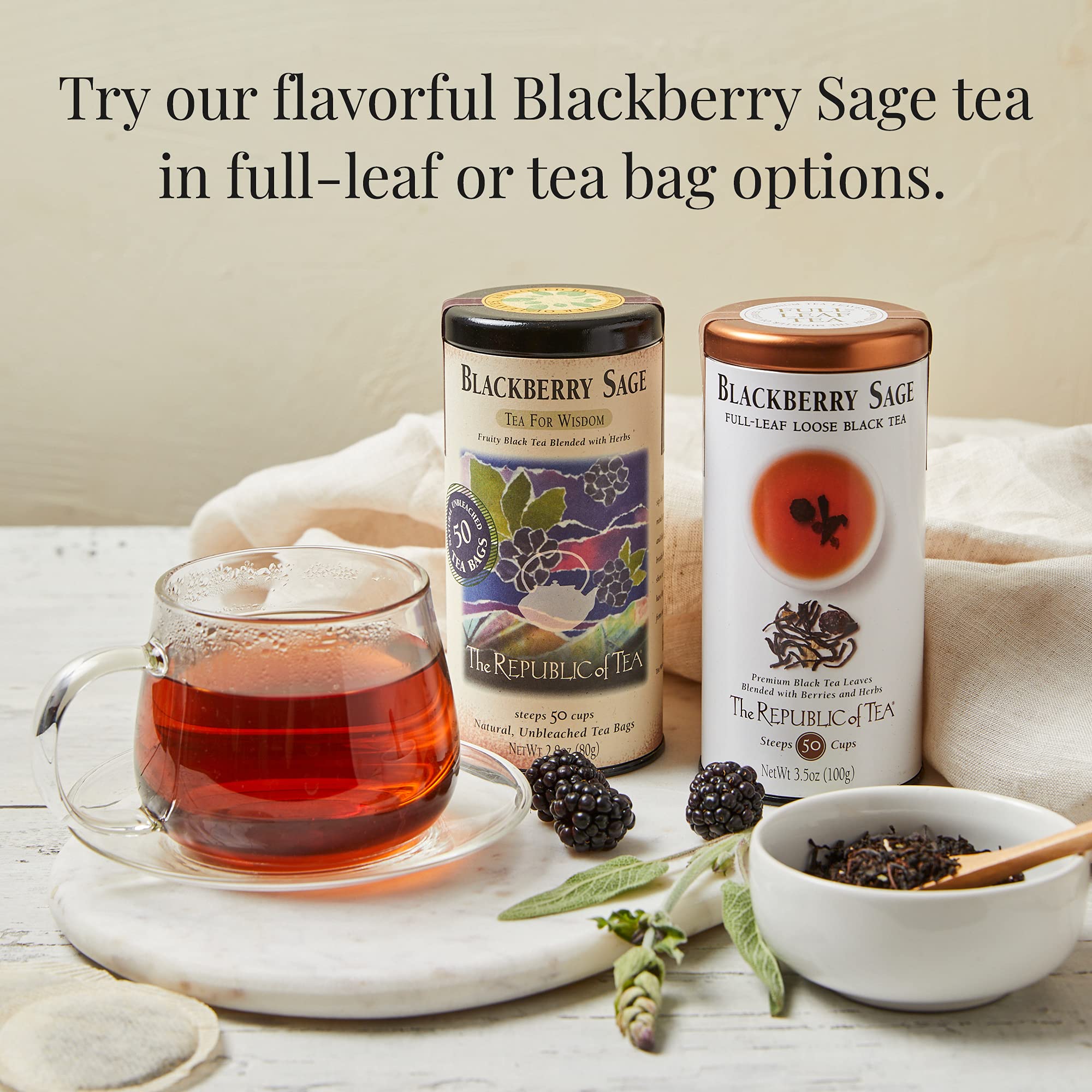 The Republic of Tea logo on Blackberry Sage packaging.