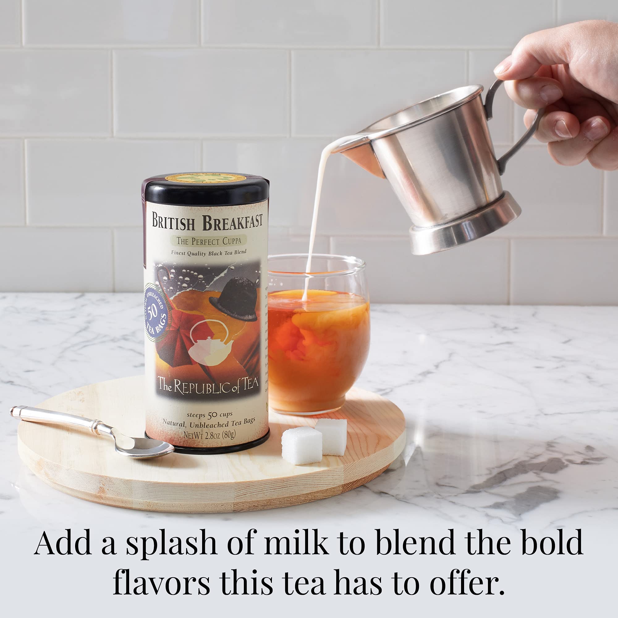 Pouring The Republic of Tea British Breakfast into a warm cup reveals inviting color