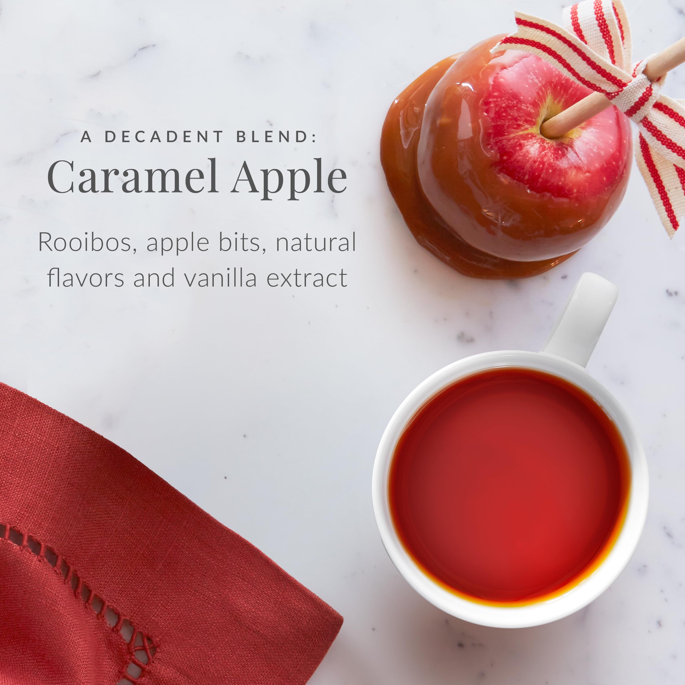 Ingredients include rooibos and vanilla in Caramel Apple Red Tea