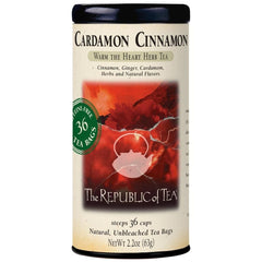 The Republic of Tea Cardamon Cinnamon tea bag tin shown, aromatic and caffeine-free