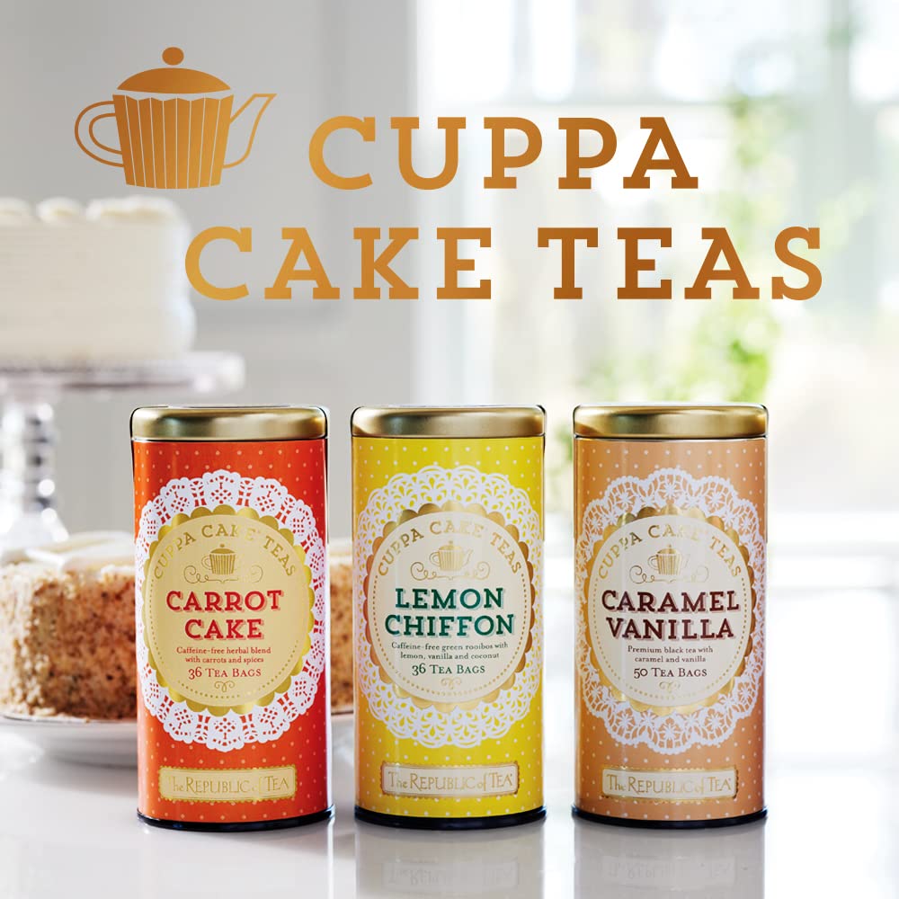The Republic of Tea Cuppa Cake packaging emphasizes gluten-free and calorie-free indulgence.