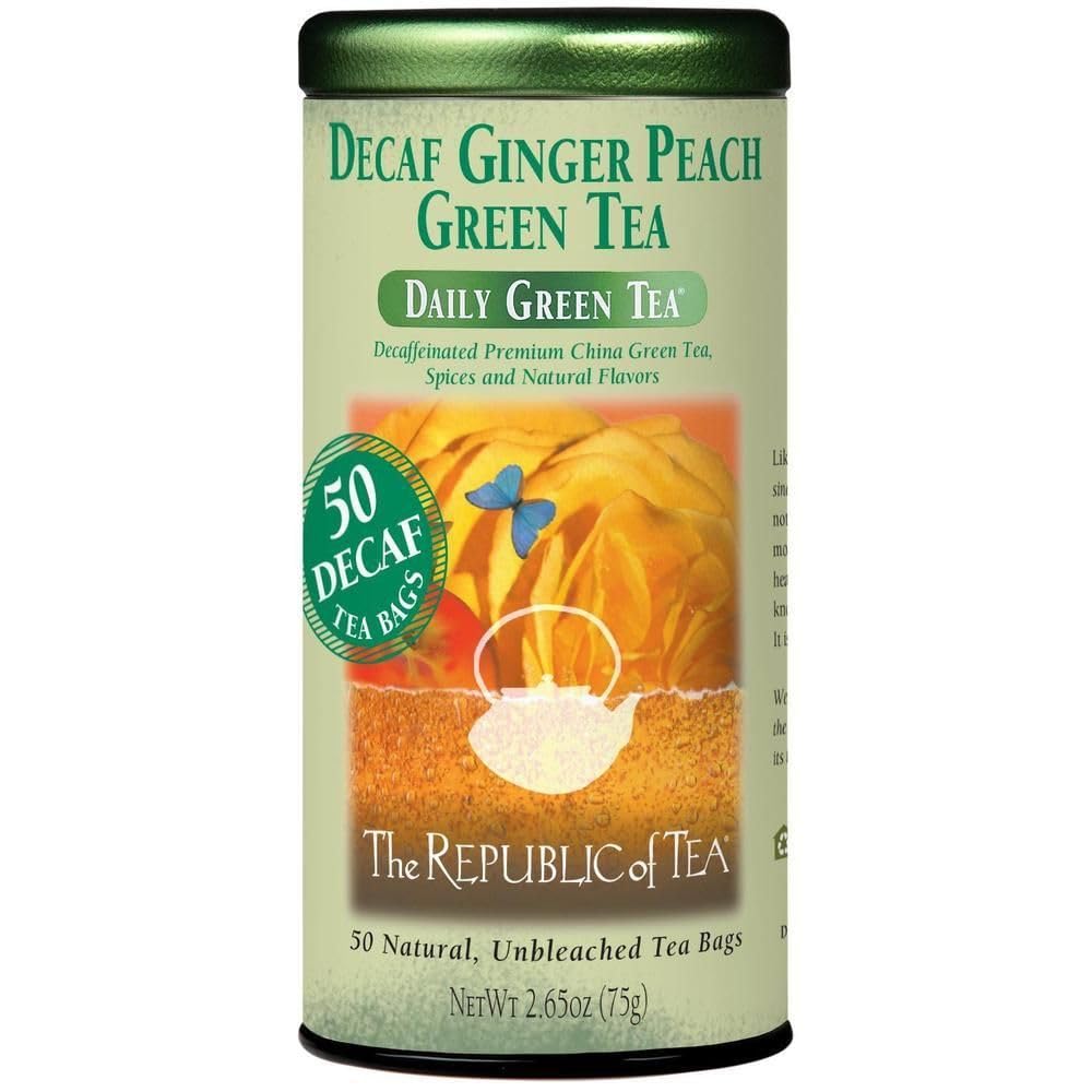 The Republic of Tea decaf Ginger Peach Green Tea tea bags deliver caffeine-free, soothing aroma.