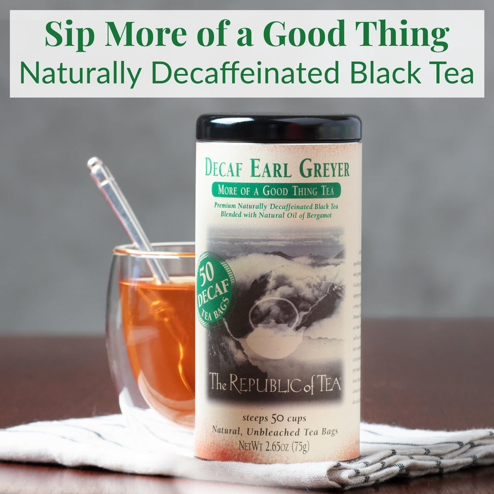 The Republic of Tea Earl Greyer Decaf tea bags in a box ready for quick, caffeine-free enjoyment.