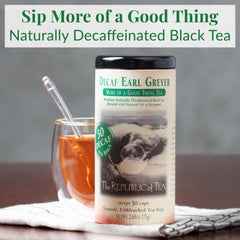 The Republic of Tea Earl Greyer Decaf tea bags in a box ready for quick, caffeine-free enjoyment.