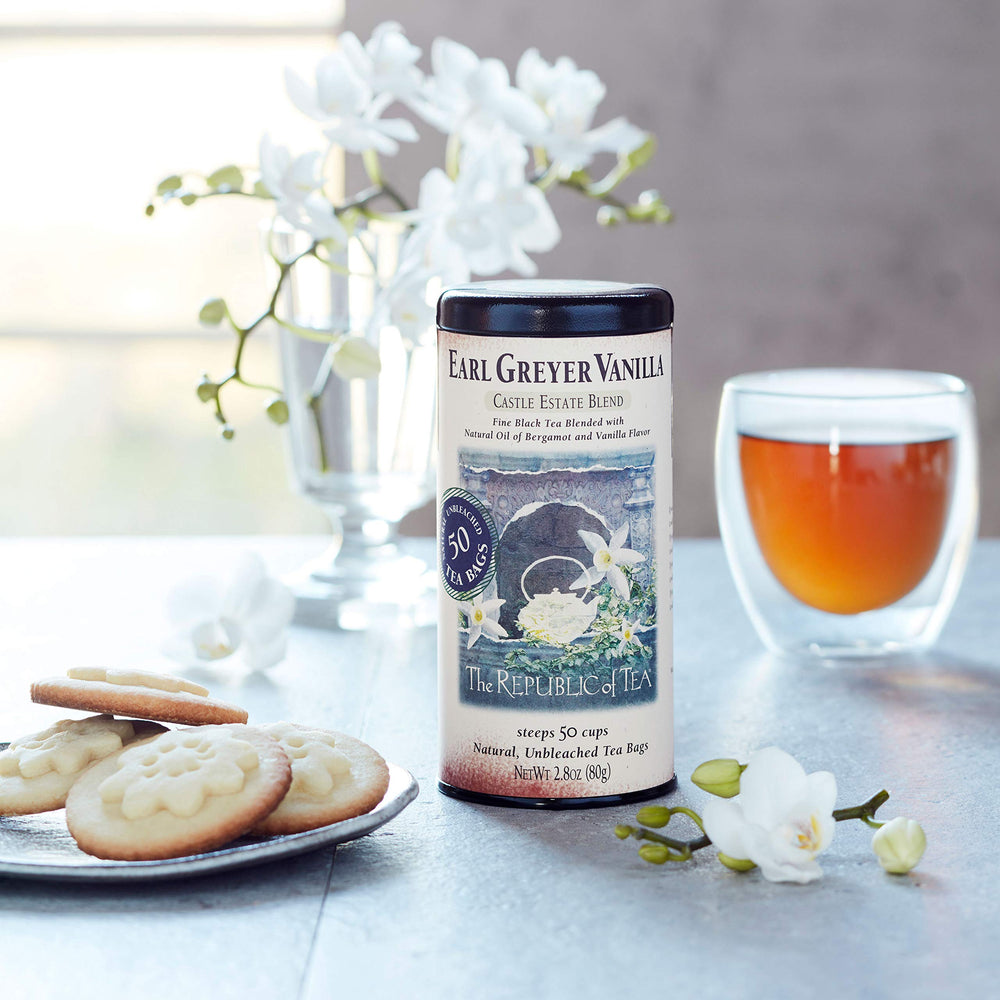 The Republic of Tea Earl Greyer Vanilla brew close-up highlights bergamot notes.