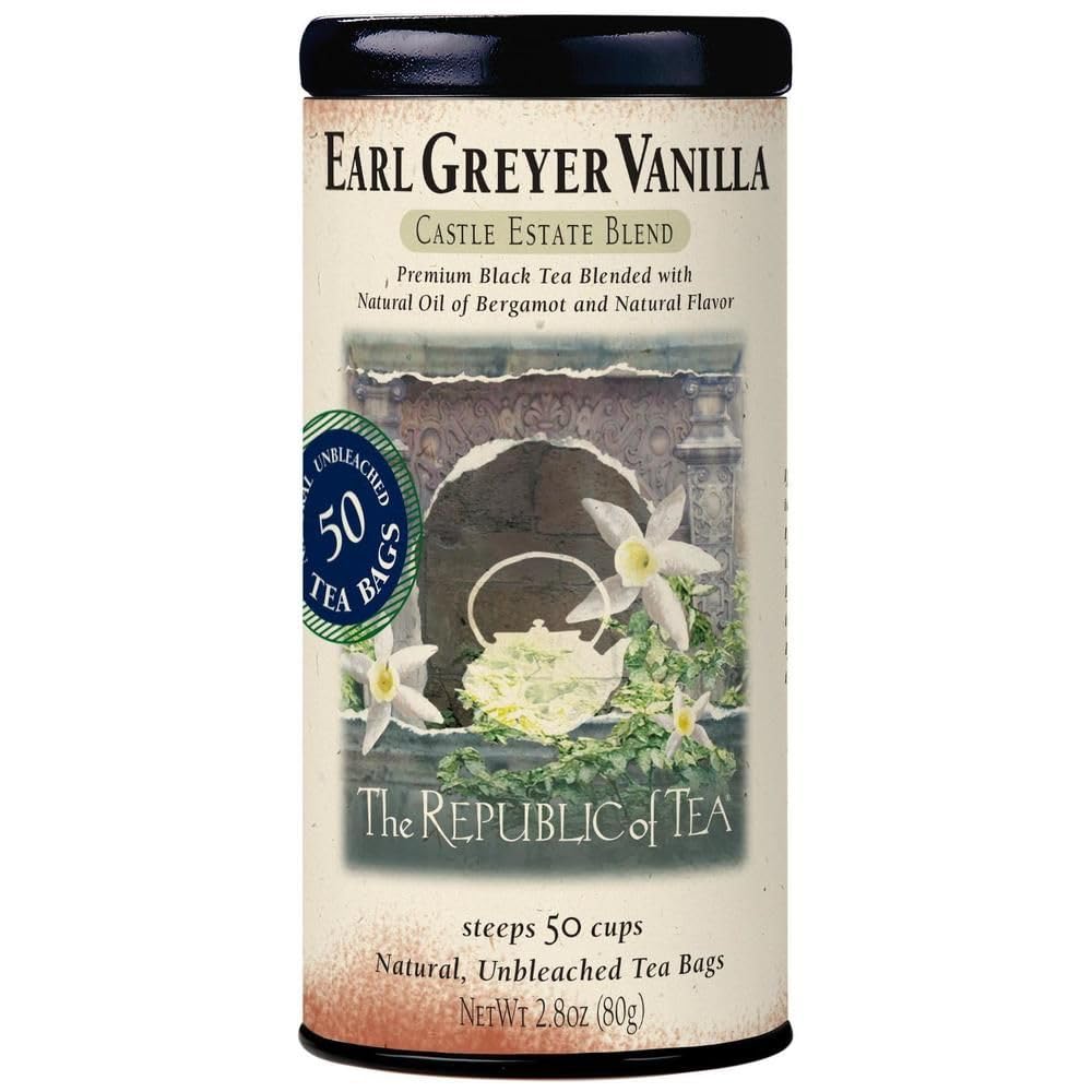 The Republic of Tea Earl Greyer Vanilla tin offers a comforting morning aroma.