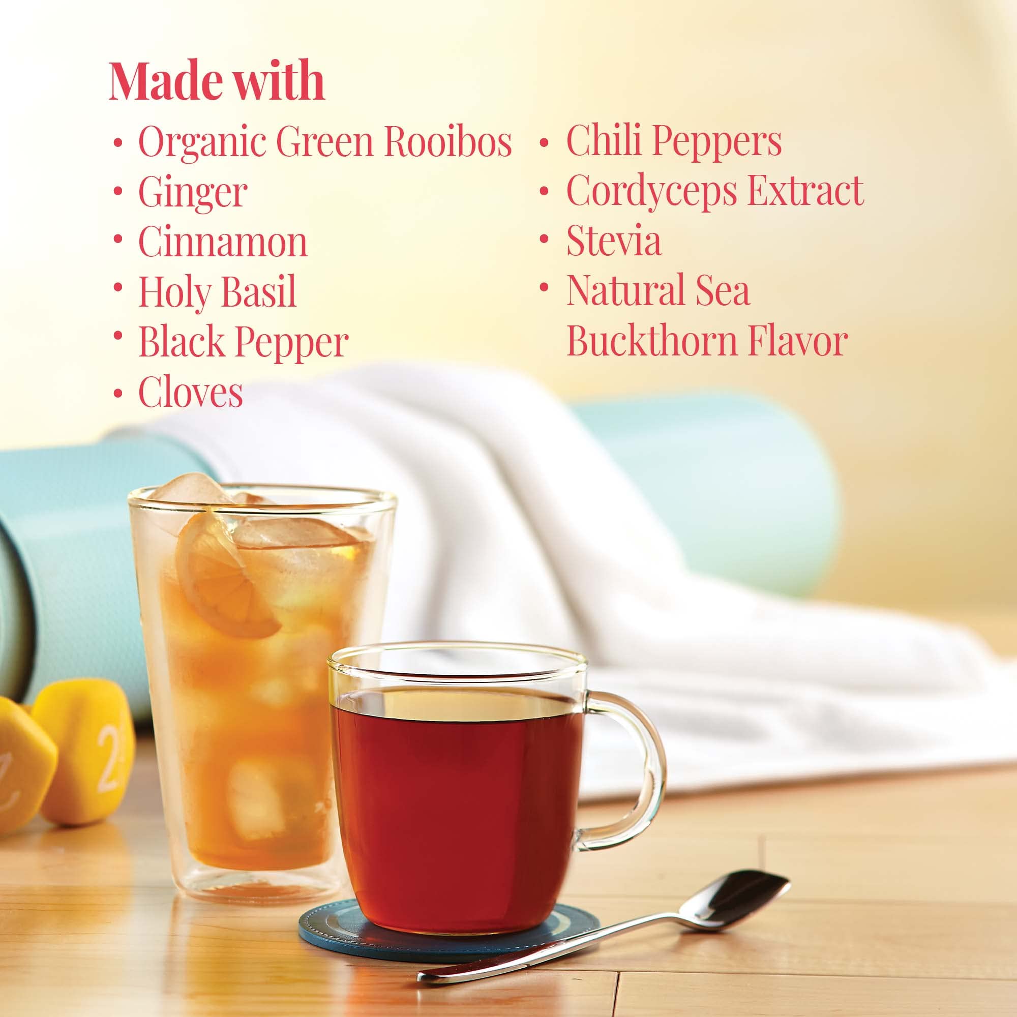 The Republic of Tea Get Burning rooibos base provides a smooth, caffeine-free foundation.