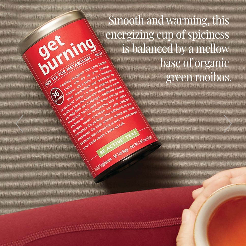 The Republic of Tea Get Burning spice blend with cinnamon and cloves for warmth.