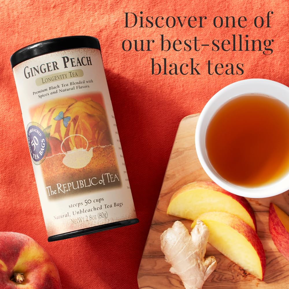 The Republic of Tea ginger-peach-black-tea cup steeped for hot or iced enjoyment.