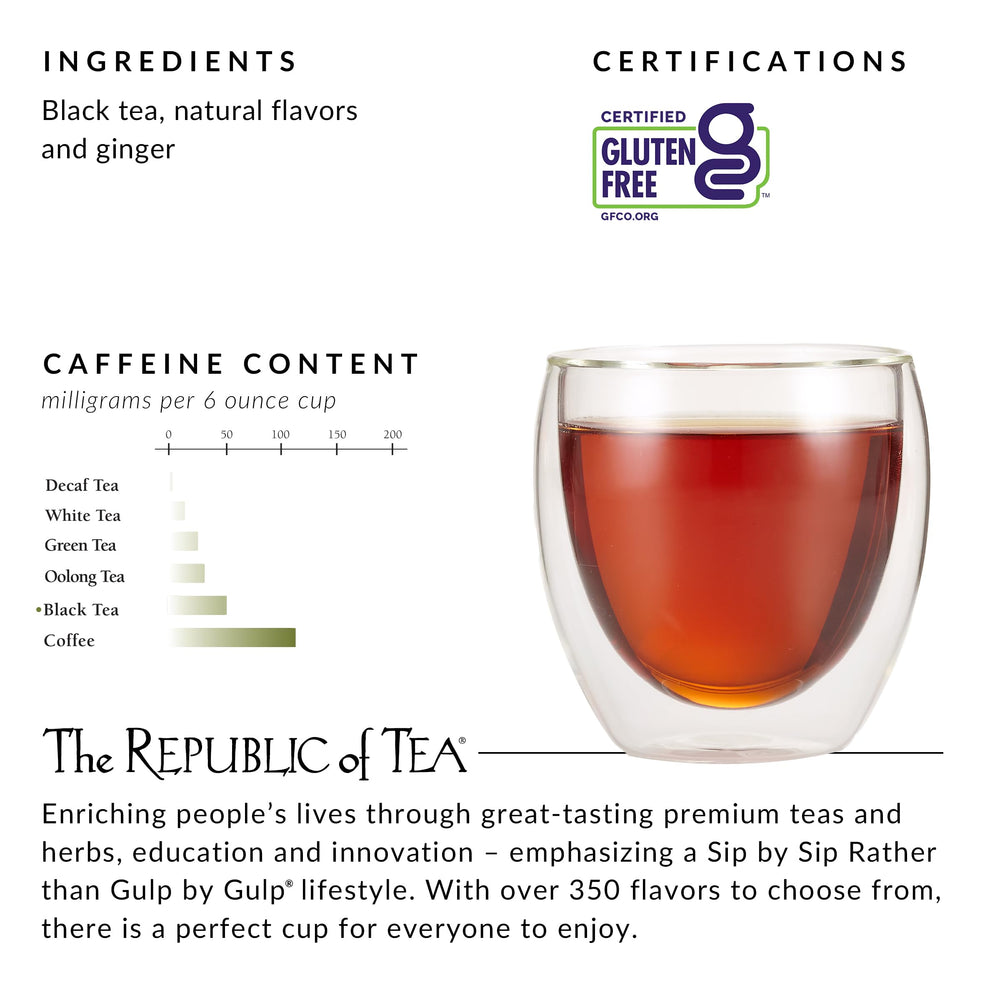 The Republic of Tea ginger-peach-black-tea tea bag and spoon for quick prep.