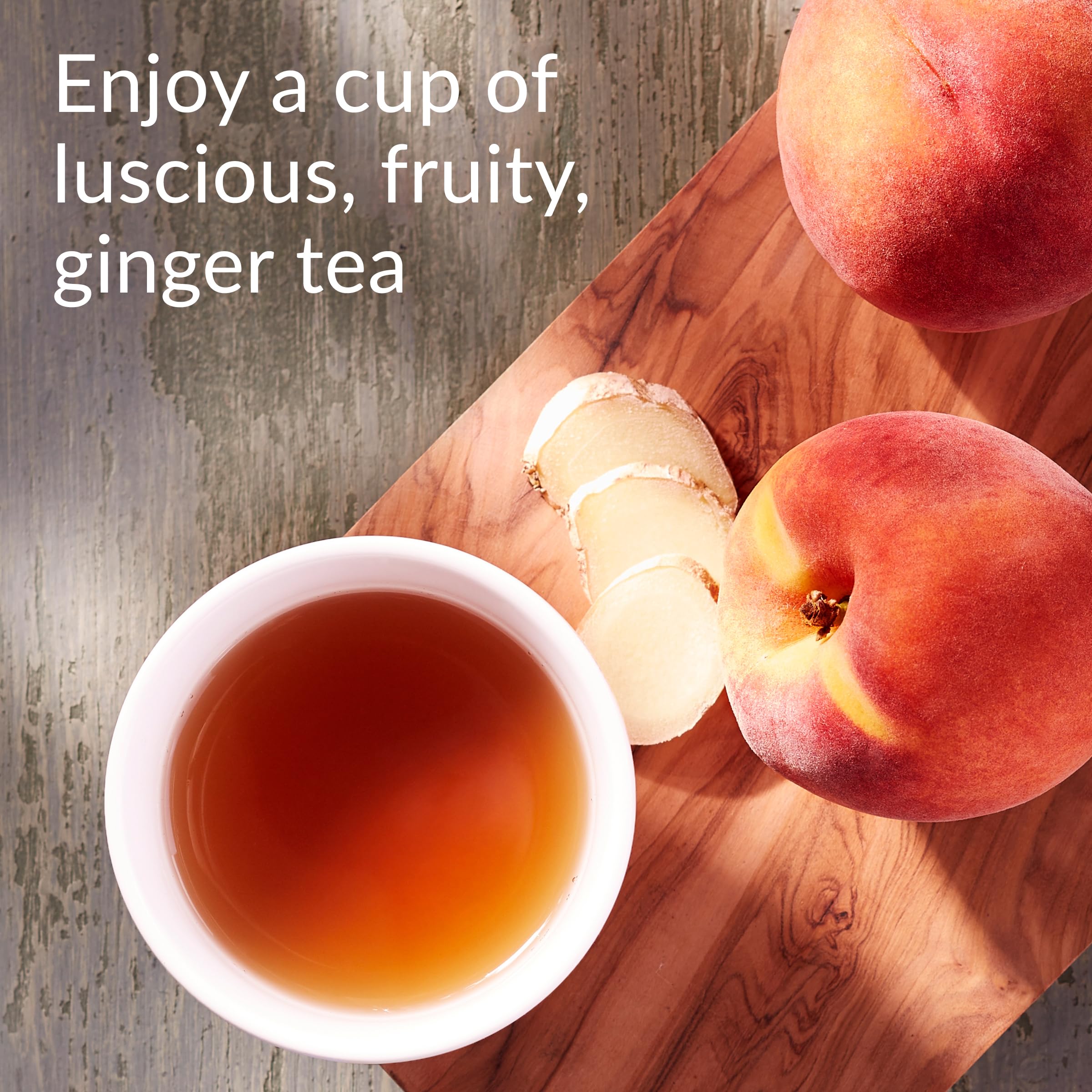 The Republic of Tea ginger peach fruit blend close-up, inviting natural peach aroma.
