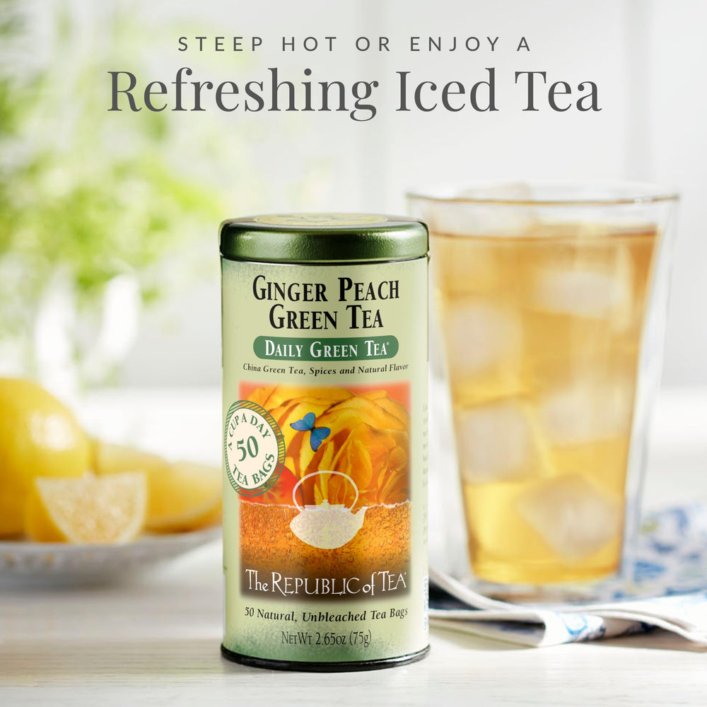 The Republic of Tea Ginger Peach Green Tea cup with steam, inviting a calming moment.