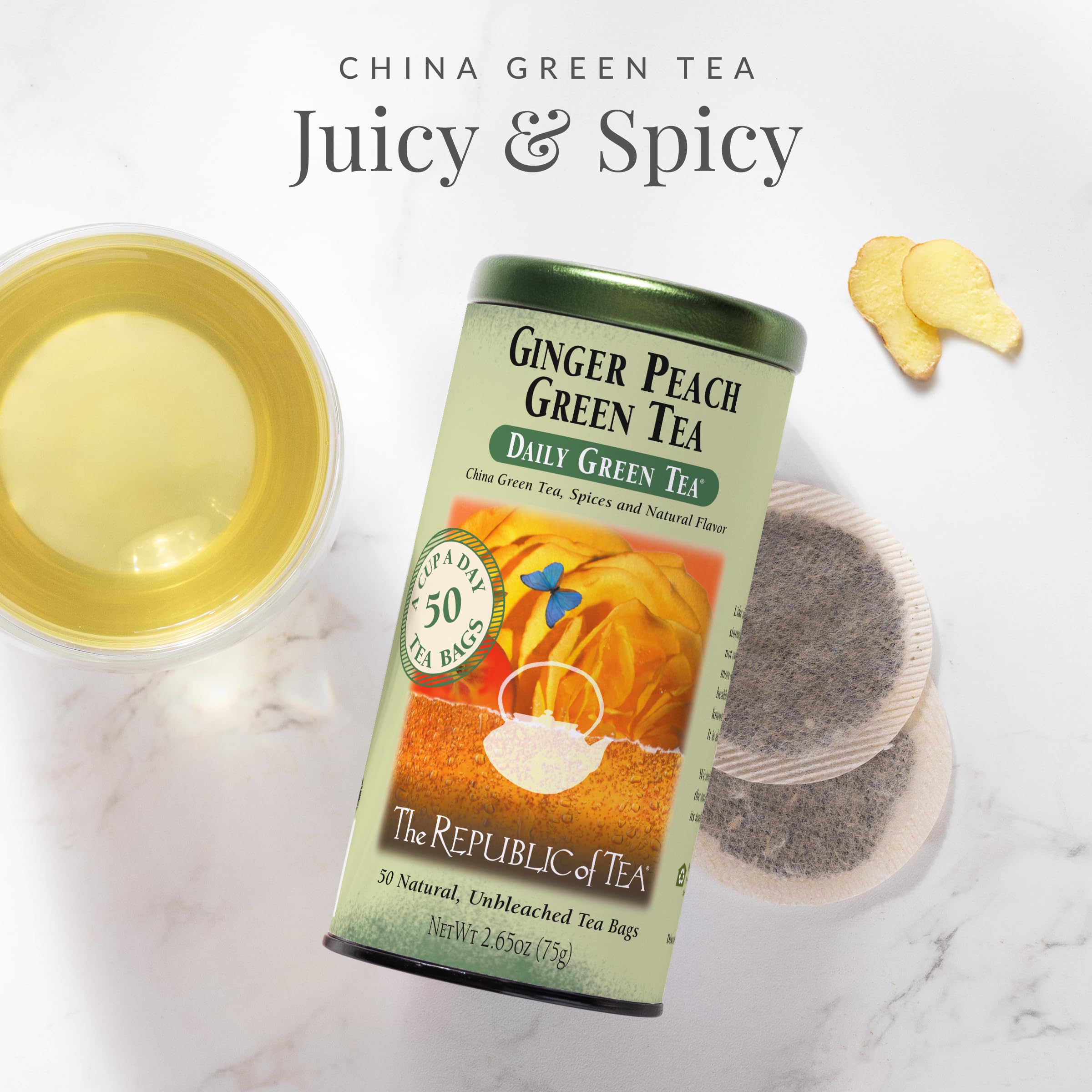 The Republic of Tea Ginger Peach Green Tea being steeped, releasing peach and ginger fragrance.