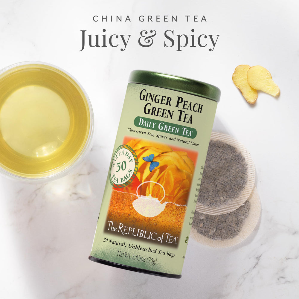 The Republic of Tea Ginger Peach Green Tea being steeped, releasing peach and ginger fragrance.