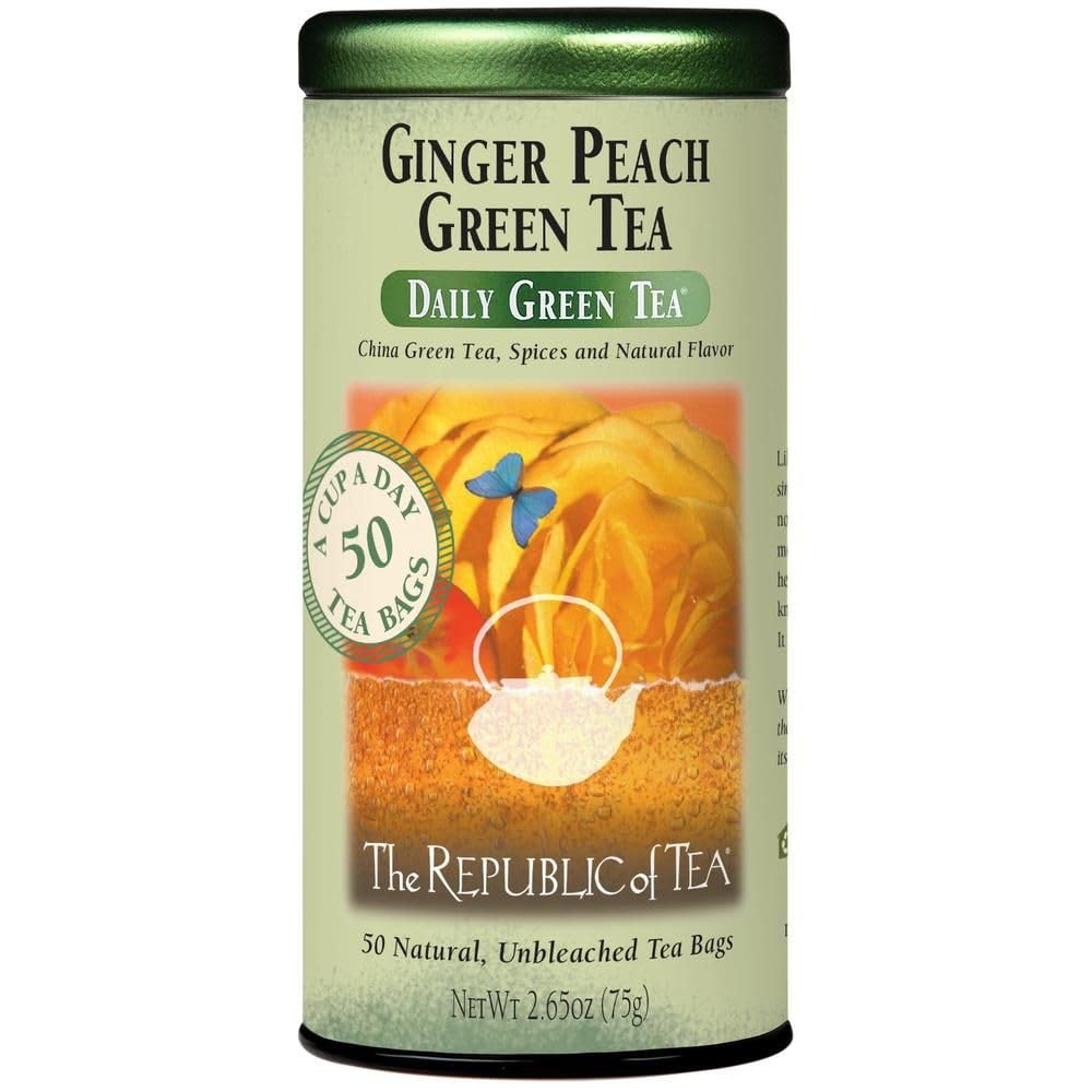 The Republic of Tea Ginger Peach Green Tea tin front view for a refreshing afternoon break.