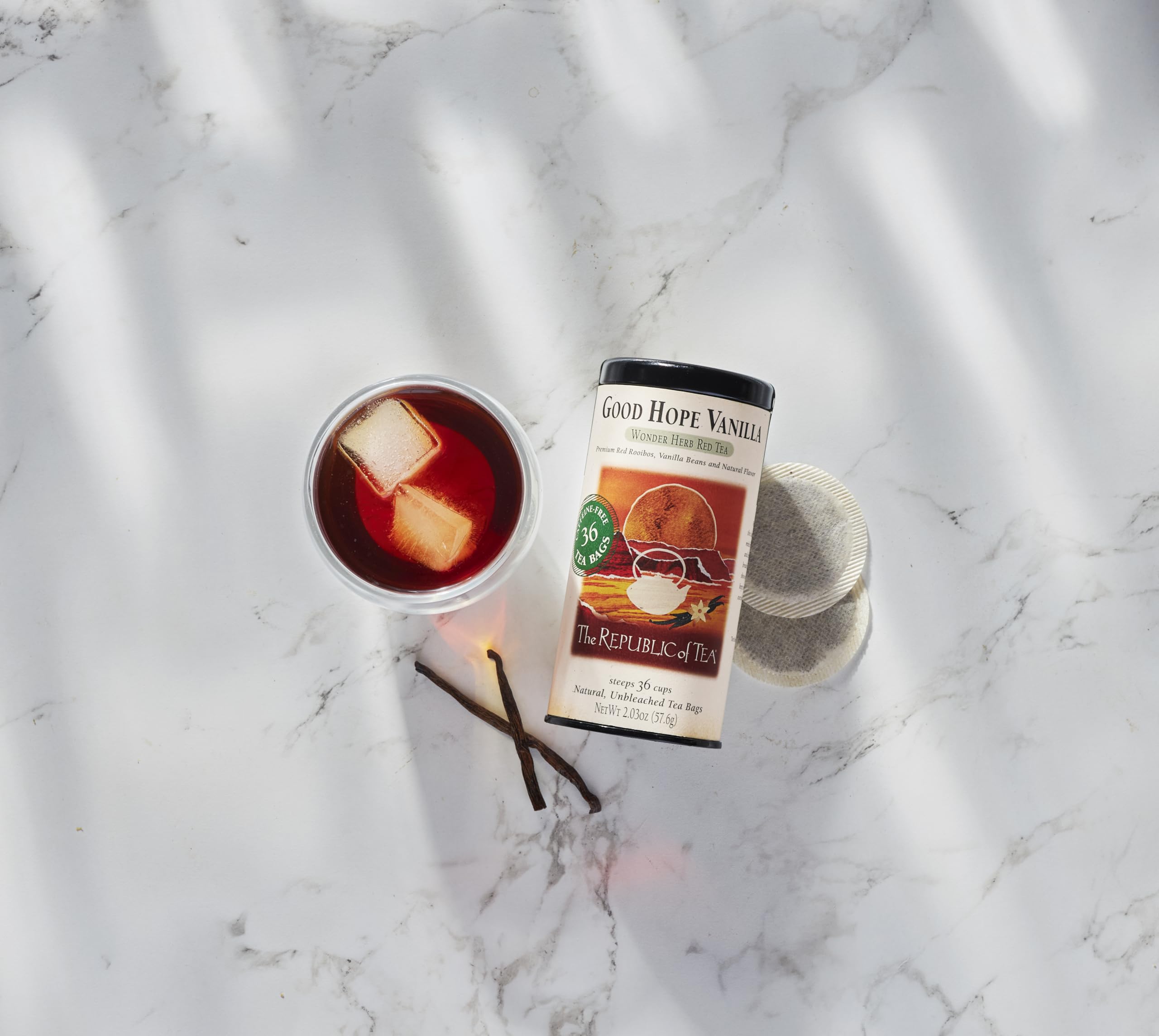 Packaging for The Republic of Tea Good Hope Vanilla Red Tea highlights vanilla aroma and caffeine-free rooibos.